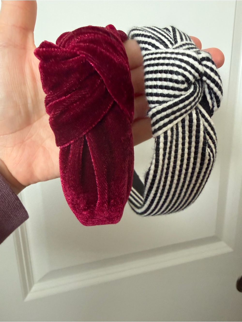 Lele Sadoughi Velvet Knot in Burgundy, Anthropologie Black-White Stripe headband